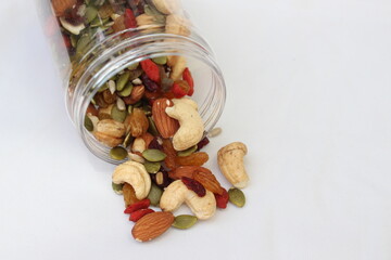 The healthy snack with ailmonds, nuts, dried grapes, pumkin seed and more of dried fruits. Focus in the middle and blurred around