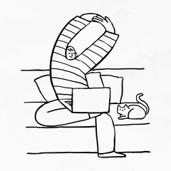 Wall Mural - Man working from home with his cat sitting aside doodle element vector