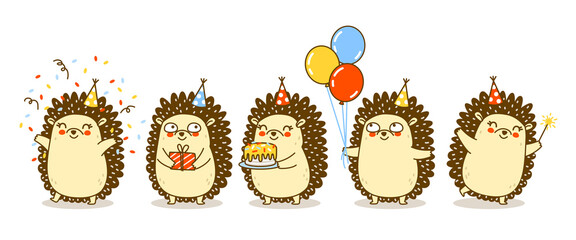 Wall Mural - Cute hedgehogs border solated on white - cartoon characters for Your happy Birthday design 2