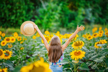 A Joyful Little Girl Runs Through A Field Of Sunflowers Cheerfully Opening Her Hands.