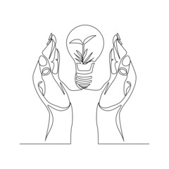 Continuous line drawing of green plant tree in light bulb and two palm hands. Creative green earth nature saving single one line art. Vector illustration