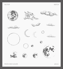 set of high detail drawn vector moon clouds sketch