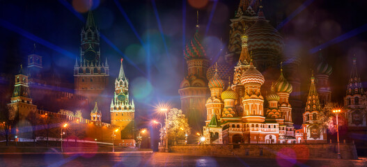 Wall Mural - Panorama of the Red Square at the evening, Moscow, Russia. Collage with hologram effect. Diverging light rays and color spots. 