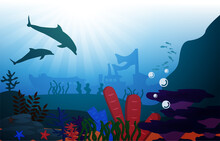 Dolphin Sunken Ship Wildlife Sea Animals Underwater Aquatic Illustration