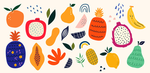 Wall Mural - Fresh stylish template with abstract elements, doodles and fruits.	