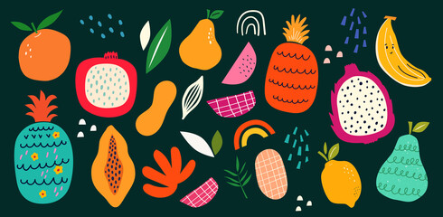 Canvas Print - Fresh stylish template with abstract elements, doodles and fruits.	