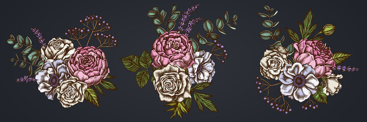Wall Mural - Flower bouquet of colored roses, anemone, eucalyptus, lavender, peony, viburnum