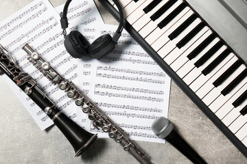 Sticker - Flat lay composition with different musical instruments and microphone on light grey background