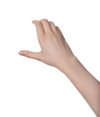 Wall Mural - woman holding something against white background, closeup