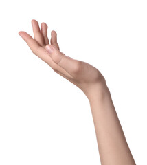 Wall Mural - woman holding something against white background, closeup