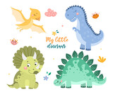 Fototapeta Dinusie - Childish set with cute baby dino collection on white background. Concept of dinosaur animals, mom and baby dino, family of dinosaurs. Flat cartoon vector illustration