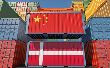 Container Terminal. Two cargo Container with China and Denmark flags. 3D Rendering