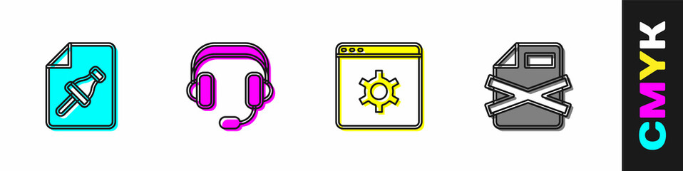 Poster - Set Note paper with push button, Headphones, Browser setting and Delete file document icon. Vector
