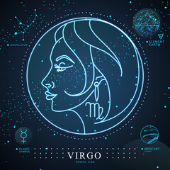 modern magic witchcraft card with astrology neon virgo zodiac sign. neon woman head. zodiac characte