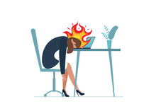 Businesswoman Professional Burnout Syndrome. Exhausted Sick Tired Female Manager Sitting With In Fire Head Down On Laptop. Sad Boring Woman. Frustrated Worker Mental Health Problems. Long Work Vector
