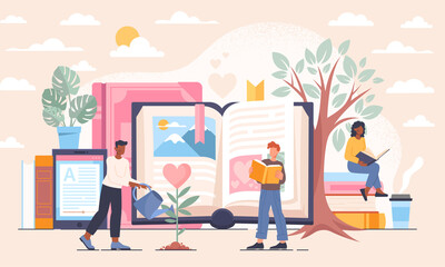 Young male and female characters are reading books in outdoor library together. Concept of life improvement strategy with education coming from literature. Flat cartoon vector illustration