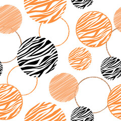 Wall Mural - Seamless abstract geometric animal pattern. Circles, balls with an ornament of tiger stripes. The symbol of the eastern new year. Vector graphics.