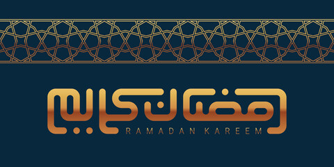 Wall Mural - Ramadan Greetings card with gold Kufic modern calligraphy on dark blue background. Ramadan Kareem means Blessed Ramadan. Vector illustration.