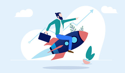Fototapete - Business growth illustration with casual businessman flying on rocket and rising arrow in background. Business success and progress concept. Vector
