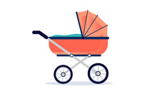 Baby Carriage, Girls Baby Pram Or Stroller In Red Colour. Vector Illustration