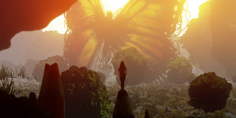 futuristic science fiction illustration. digital art. fantasy scenery. bright evening light.