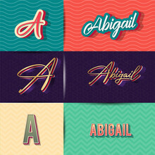 Name Abigail In Various Retro Graphic Design Elements, Set Of Vector Retro Typography Graphic Design Illustration