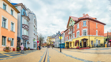 Panorama of the pedestrian street Kurortny prospect in Zelenogradsk, Russia