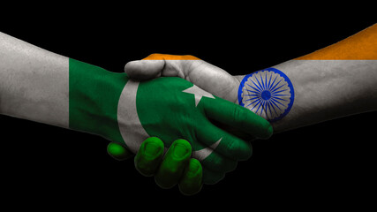 Inda and Pakistan shake hands for future peace, black in the background