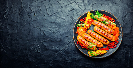 Wall Mural - Delicious grilled sausages,space for tex