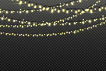 Christmas Light Garlands With Bulbs On String For Party Background. Xmas Holiday Decor, Glowing Shiny Fairy Lights. Vector Festive Garland