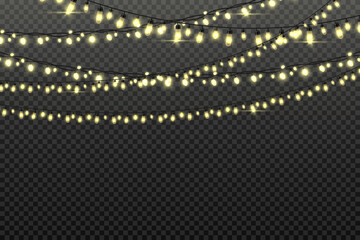 Wall Mural - christmas light garlands with bulbs on string for party background. xmas holiday decor, glowing shin