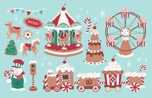 Set Of Fun Christmas Gingerbread Train, Carousel, Ferris Wheel, Tree, Snowman, Reindeer, Horse Biscuit, Sweet Desserts For Fabric, Linen, Textiles And Wallpaper