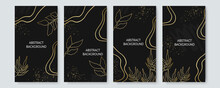 Vector Black And Gold Design Templates Set. Gold Floral Flower Nature Leaves Lines On Black Background. Illustration From Vector About Modern Template Deluxe Design For Stories Social Media Template.
