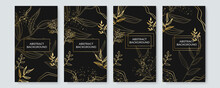Vector Black And Gold Design Templates Set. Gold Floral Flower Nature Leaves Lines On Black Background. Illustration From Vector About Modern Template Deluxe Design For Stories Social Media Template.
