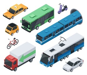 Wall Mural - Isometric city vehicles and public transport car, train, bus. Urban transportation bike, motorcycle, taxi, cargo truck 3d vector set. Metro train, delivery transport isolated on white