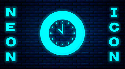 Wall Mural - Glowing neon Clock icon isolated on brick wall background. Time symbol. Vector