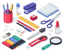 Isometric Stationery. School Supplies Glue, Notebook, Material, Pen, Scissors, Stapler, Ruler, Eraser. Office Tools And Equipment Vector Set For Education. Stationers Shop Accessories