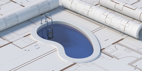 Swimming pool with a staircase and clear water isolated on building blueprints background. 3d illustration