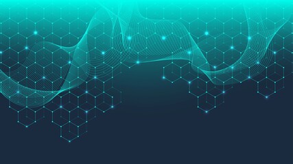 Poster - Molecular structure background. Science template wallpaper or banner with a DNA molecules. Asbtract molecule background with hexagons, wave flow, illustration.