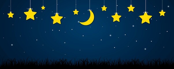 background of night sky with stars and moon. yellow moon and stars twinkle in blue dark night sky. b