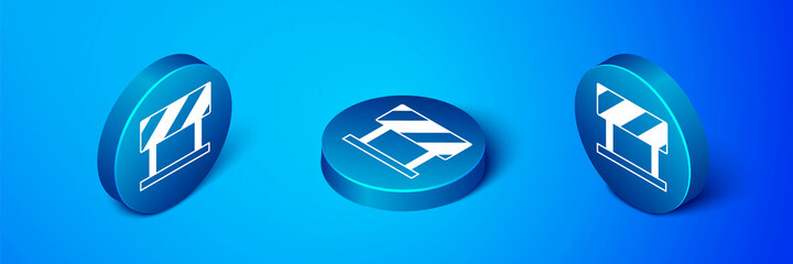 Sticker - Isometric Road barrier icon isolated on blue background. Symbol of restricted area which are in under construction processes. Repair works. Blue circle button. Vector