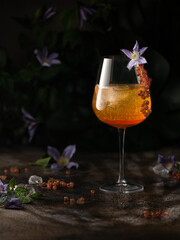 Wall Mural - Beautiful cocktail with orange syrup,tonic water,ice cube and aperol,garnished with purple flower and red currant on dark background.Close up of drink.