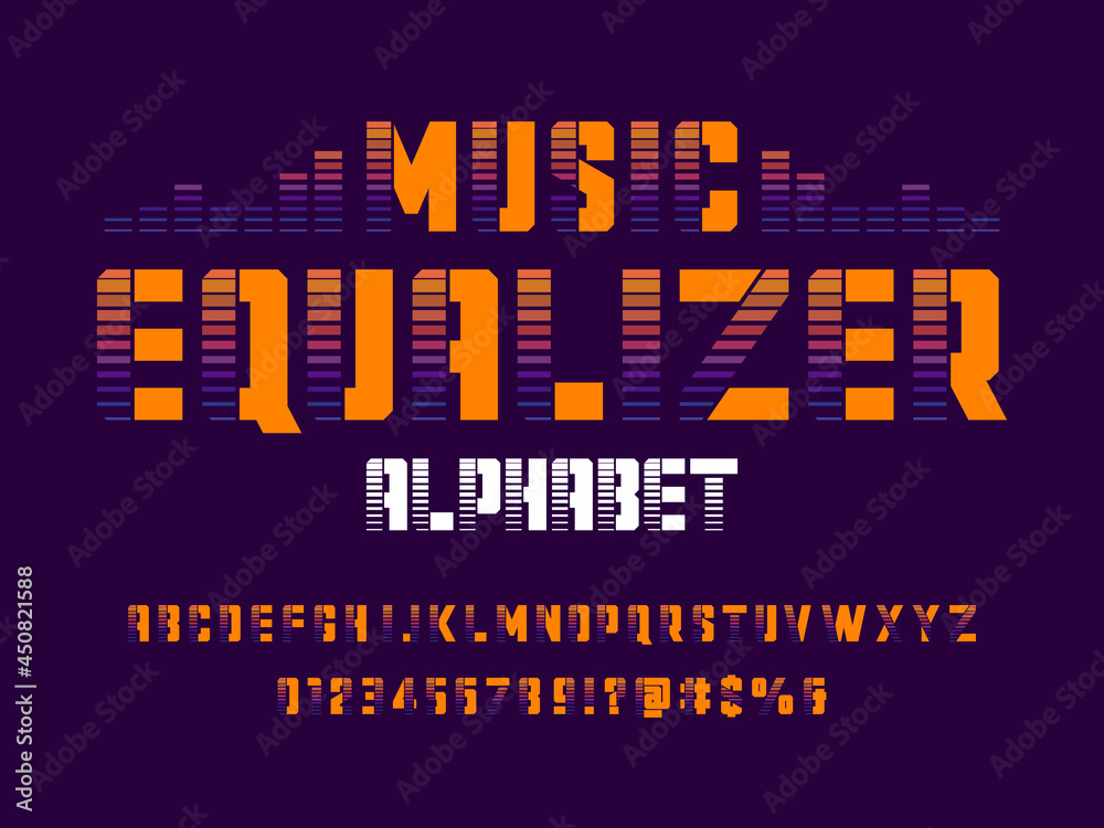 Equalizer techno style alphabet design with uppercase, lowercase ...
