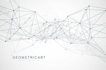 Poster - Geometric abstract background with connected line and dots. Structure molecule and communication. Big Data Visualization. Medical, technology, science background. Vector illustration.