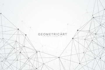 Poster - Geometric abstract background with connected line and dots. Structure molecule and communication. Big Data Visualization. Medical, technology, science background. Vector illustration.