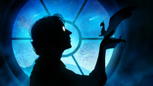 The Silhouette Of A Scientist, He Tremblingly Holds A Miniature Cute Dragon In His Hands, Which Sits On His Palm, Against The Background Of A Round Window Behind Which The Stars Winter And Blizzard 2d