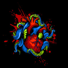 Wall Mural - Human heart with tentacles design. Hand drawn vector illustration of octopus tentacles embracing anatomical human heart in engraving technique with red paint splash isolated on black.  