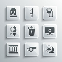 Sticker - Set Whistle, Hexagram sheriff, Police badge, electric shocker, Prison window, Footsteps, Flasher siren and Walkie talkie icon. Vector