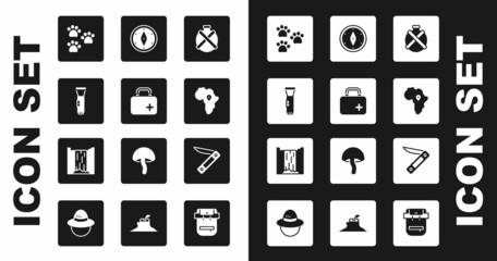 Sticker - Set Canteen water bottle, First aid kit, Flashlight, Paw print, Map of Africa, Compass, Swiss army knife and Waterfall icon. Vector