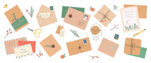Set Of Different Christmas Envelopes With Mail, Postage Stamps And Postcards, Parcels, Vector Flat Illustration.Set Of Various Craft Paper Letters.